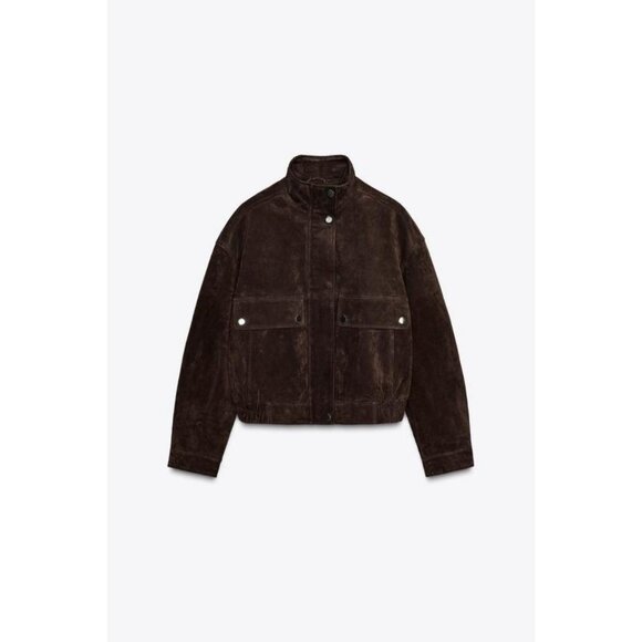 ZARA SUEDE LEATHER BOMBER JACKET WITH POCKETS - Picture 8 of 12